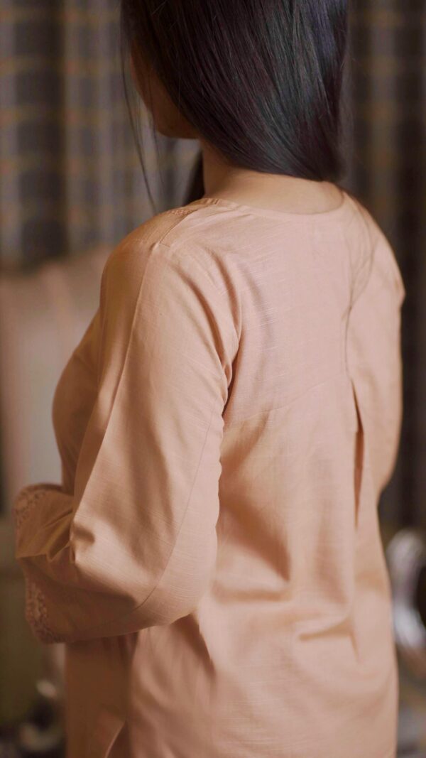 Ribbon Stitch - Peach Kurta with Lace Cuffs