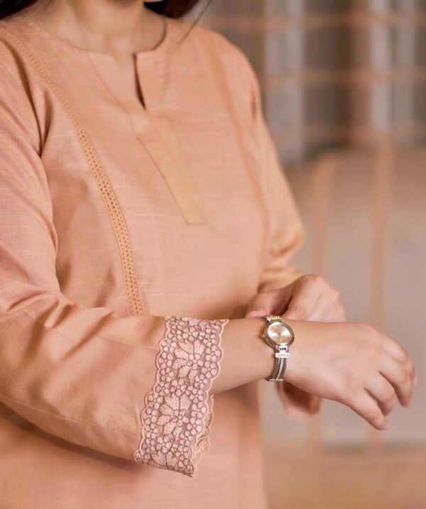 Ribbon Stitch - Peach Kurta with Lace Cuffs