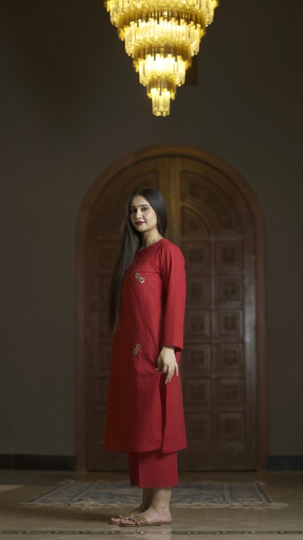 Ribbon Stitch - Deep red kurta with simple metal embellishments